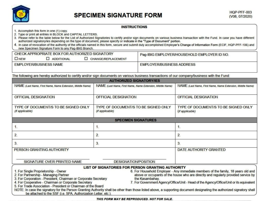 Specimen Signature Form (SSF) Pag-IBIG